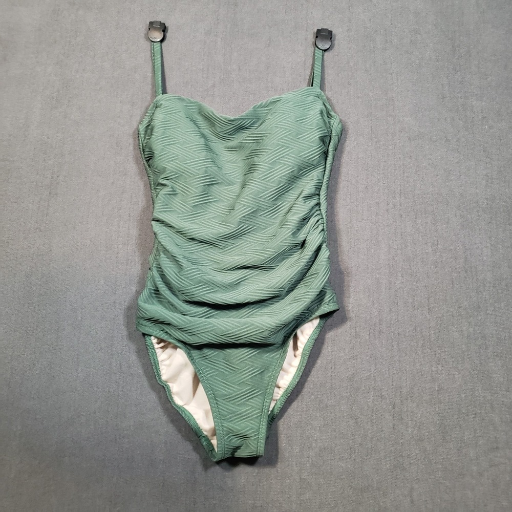 Kona Sol One Piece Swimsuit Womens Small Green Textured Ruched Tie Back